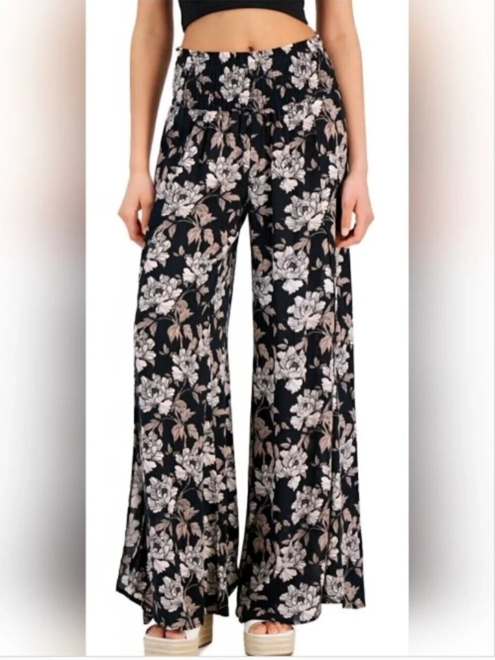 Dahui Linen Pants L NWT Black Floral Wide Leg Palazzo Smocked High Waist Yoga